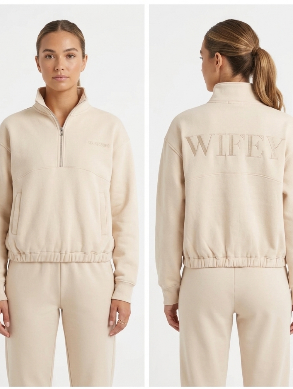 NWOT Six Stories Wifey Embroidered Half-Zip Pullover Sweatshirt - Beige Size XS